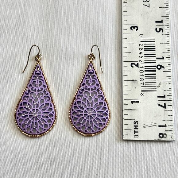 Purple Tear Drop Filigree Earrings Rhinestones Gold Toned Metal From Costume - Picture 3 of 4